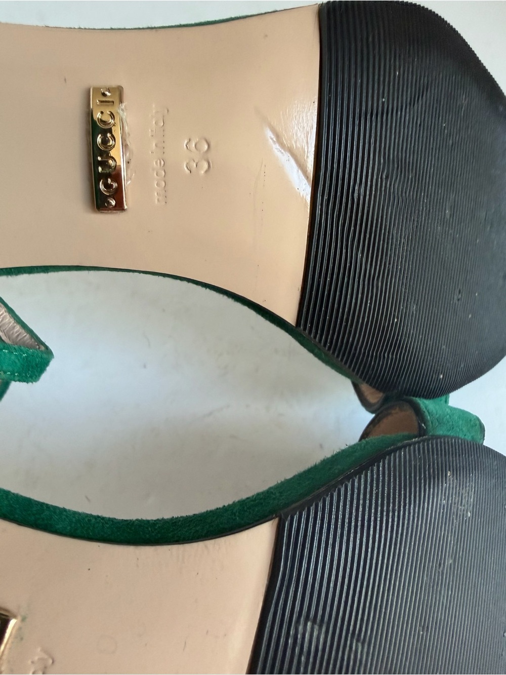 Green Suede Open-Toe Heeled Sandals with Gold Accent - Picture 5 of 8